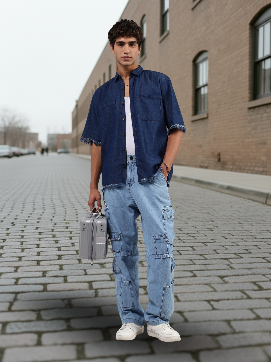 Navy Denim Raw Edge Oversized Box-Fit Spread Collar Half Sleeve Shirt