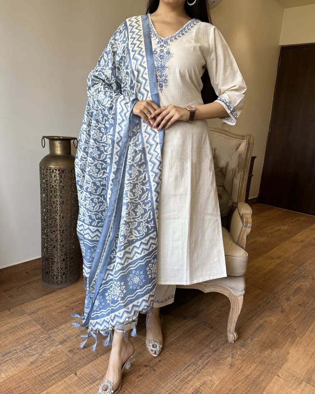 Elegant Handloom Cotton Embroidered Kurta Set with Dupatta