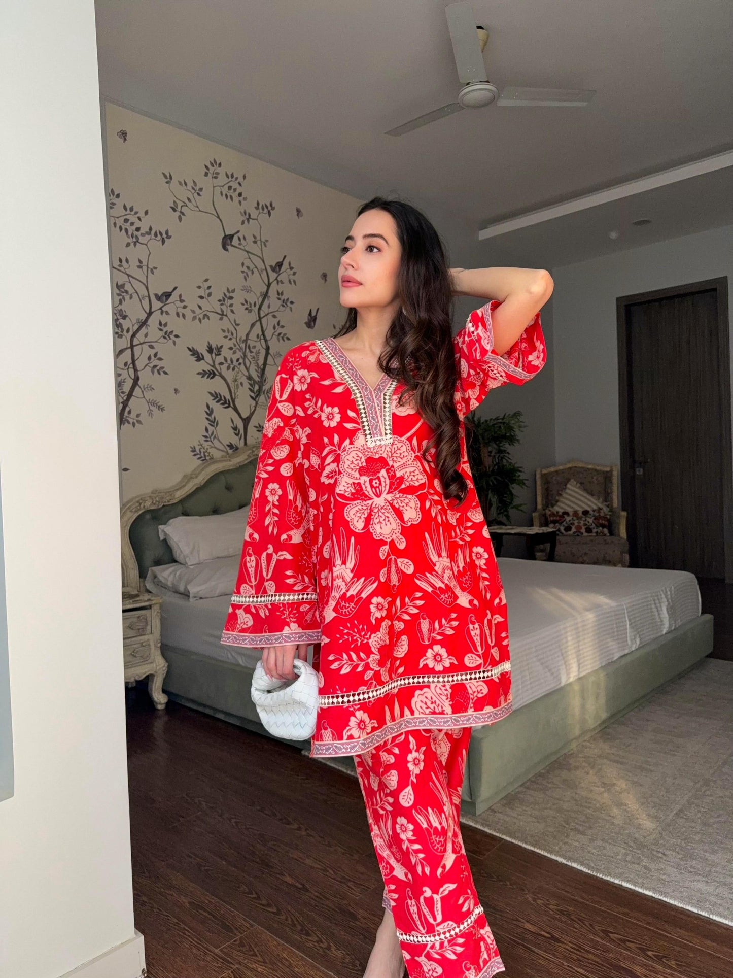 Red Lace Kurta Pants Set