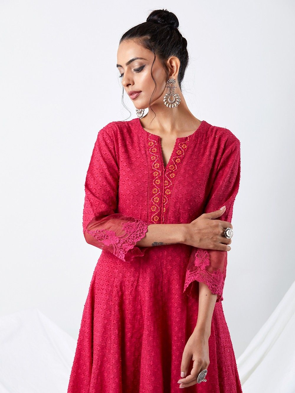Pink Embroidered Cotton Dobby Anarkali Kurta with Palazzo Set of 2