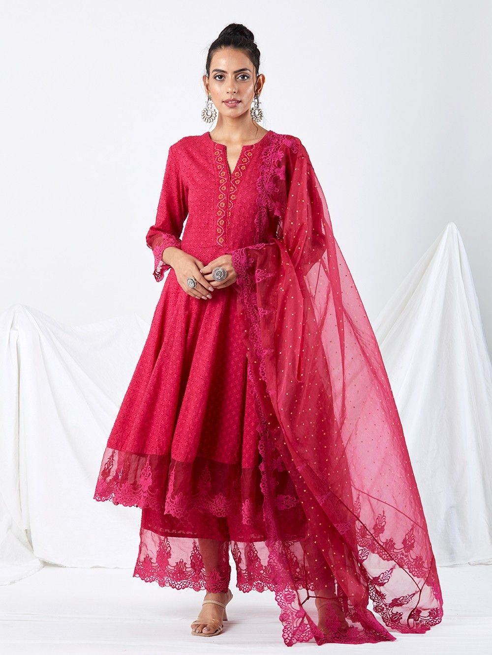 Pink Embroidered Cotton Dobby Anarkali Kurta with Palazzo Set of 2