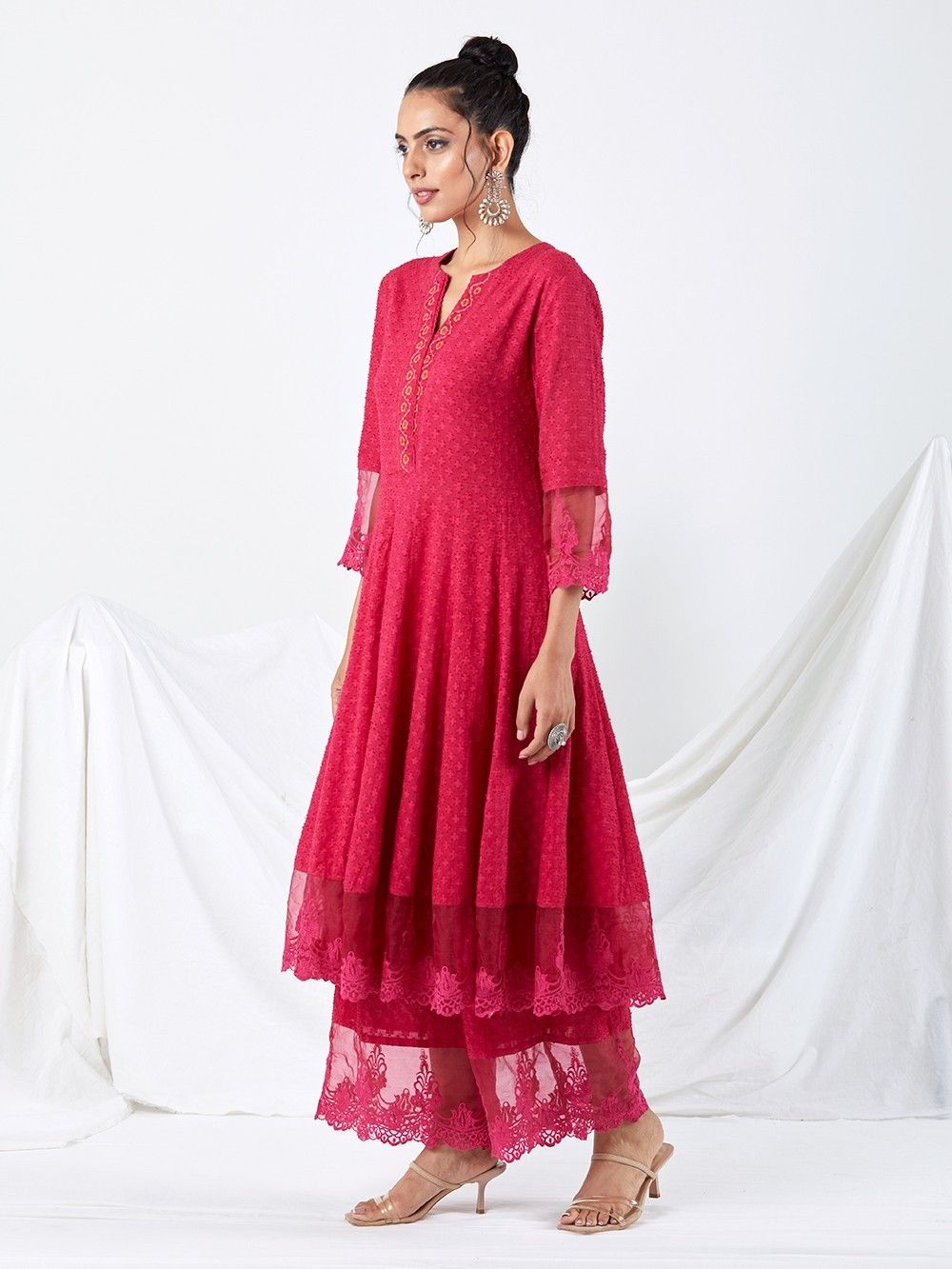 Pink Embroidered Cotton Dobby Anarkali Kurta with Palazzo Set of 2