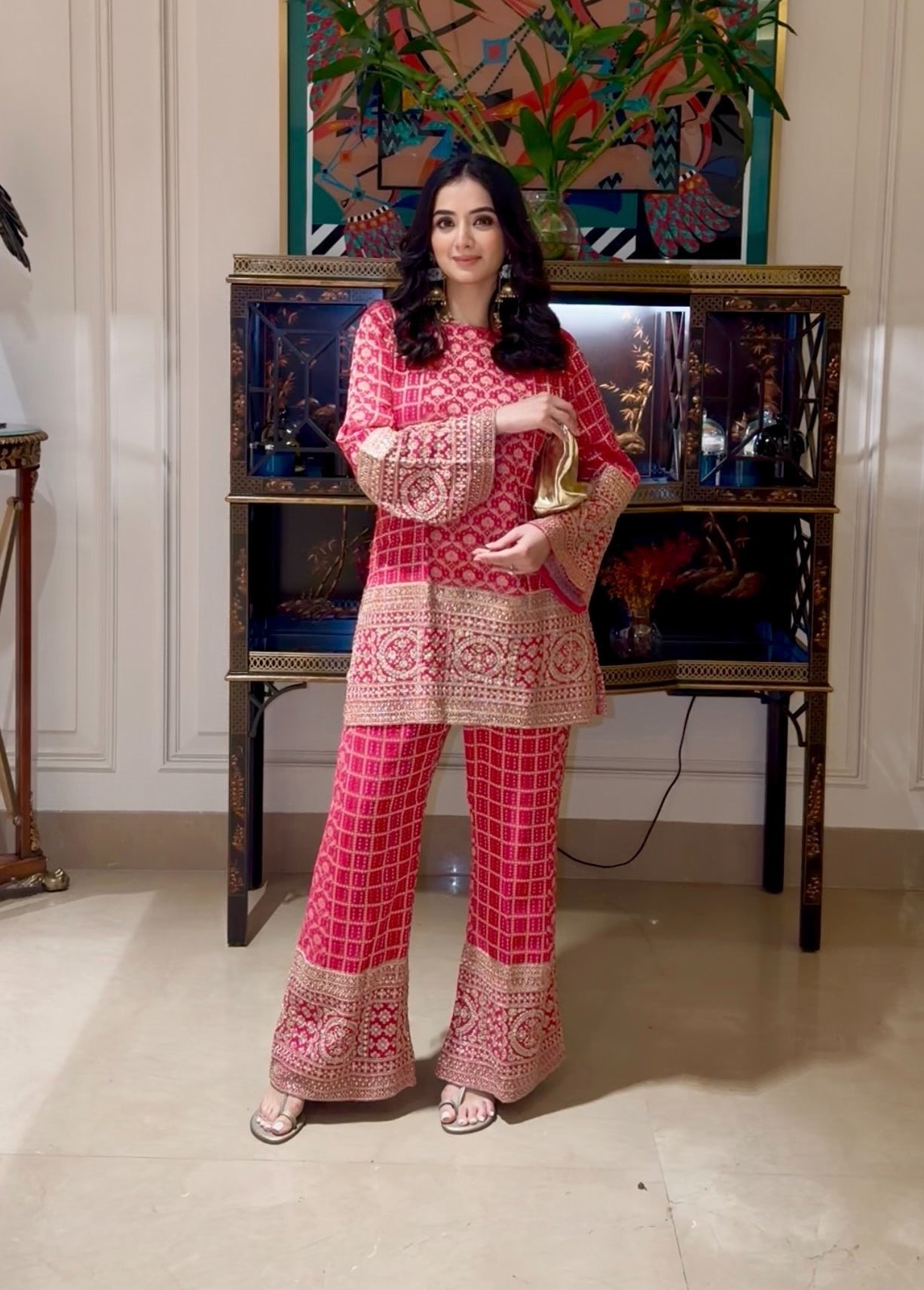 Pink Bandhej Zariwork Coord Set