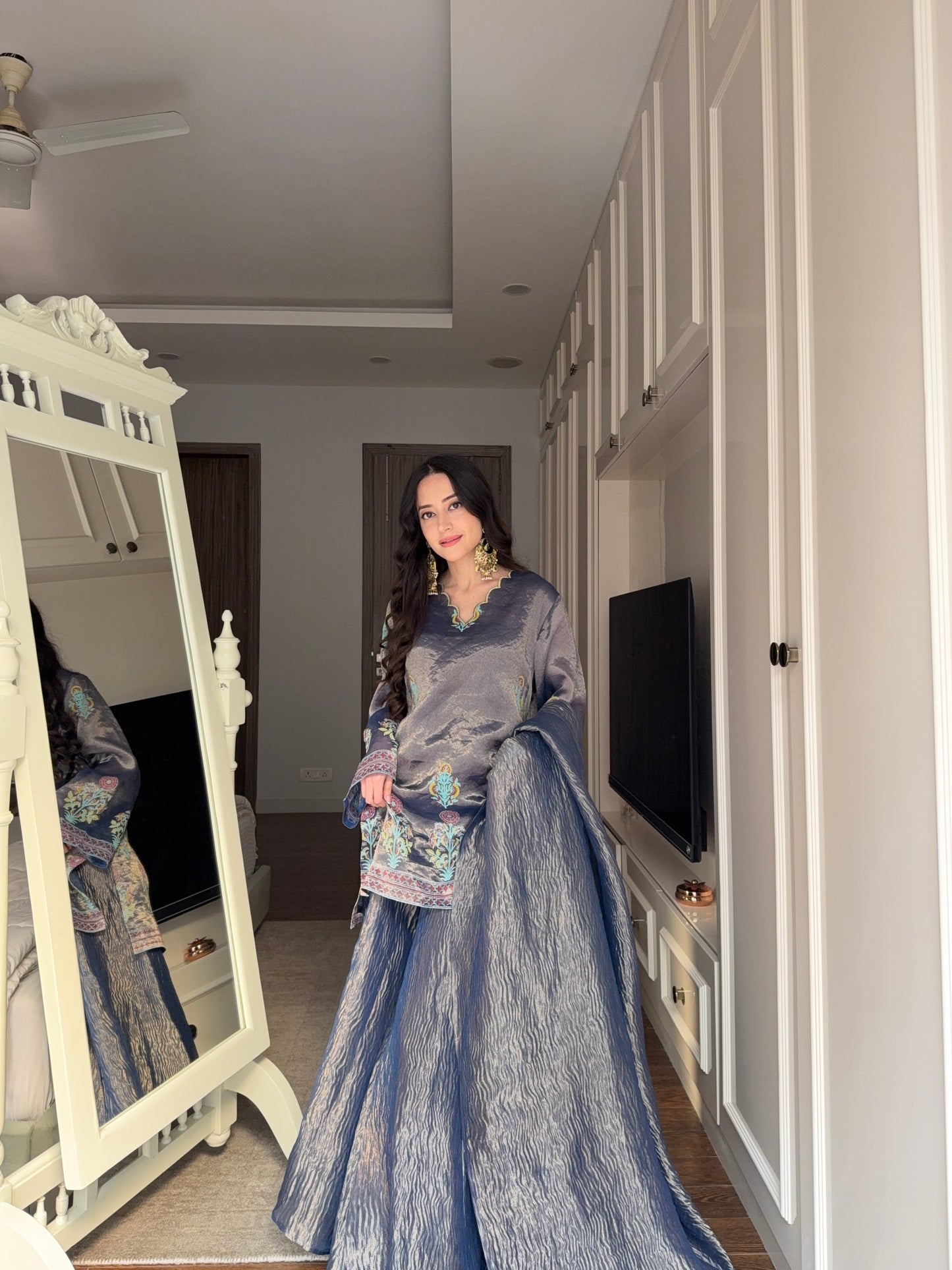 Midnight Blue Tissue Block Print Sharara Set