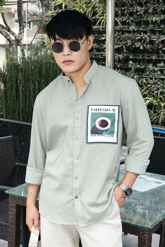 Khadi Blend Olive Green Mandarin Collar Relaxed Fit Shirt