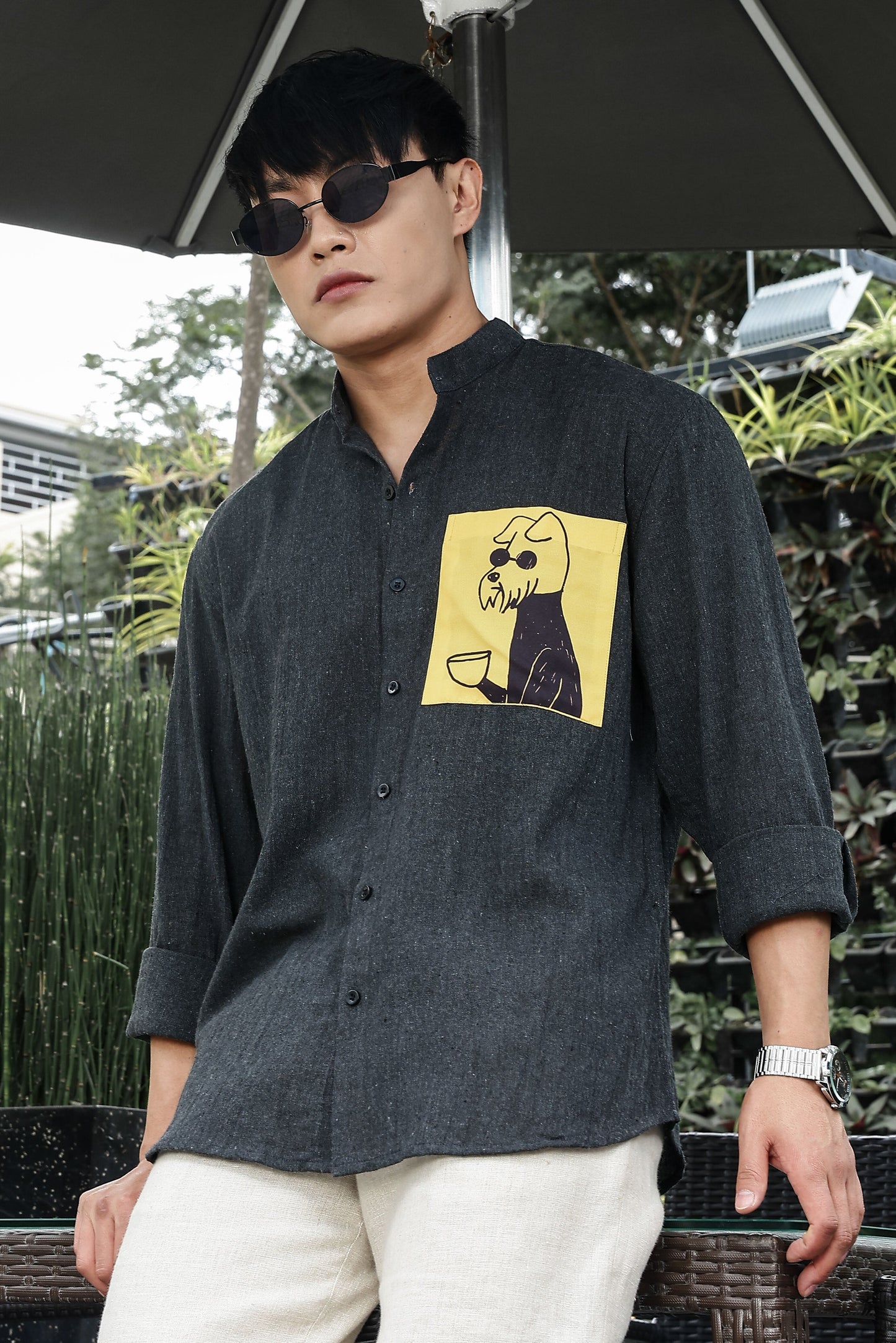 Charcoal Black Mandarin Collar Relaxed Fit Linen Blend Shirt