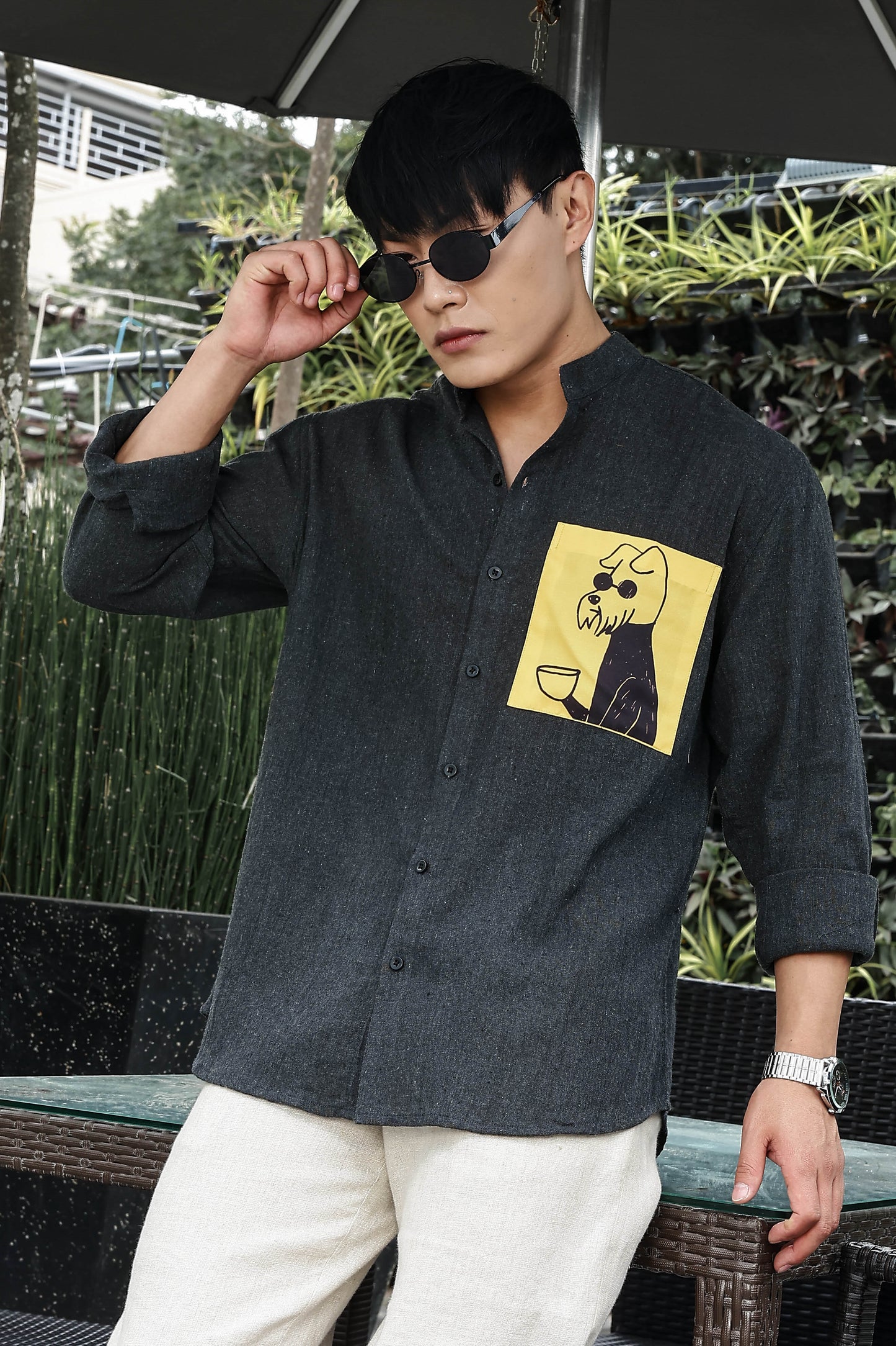 Charcoal Black Mandarin Collar Relaxed Fit Linen Blend Shirt
