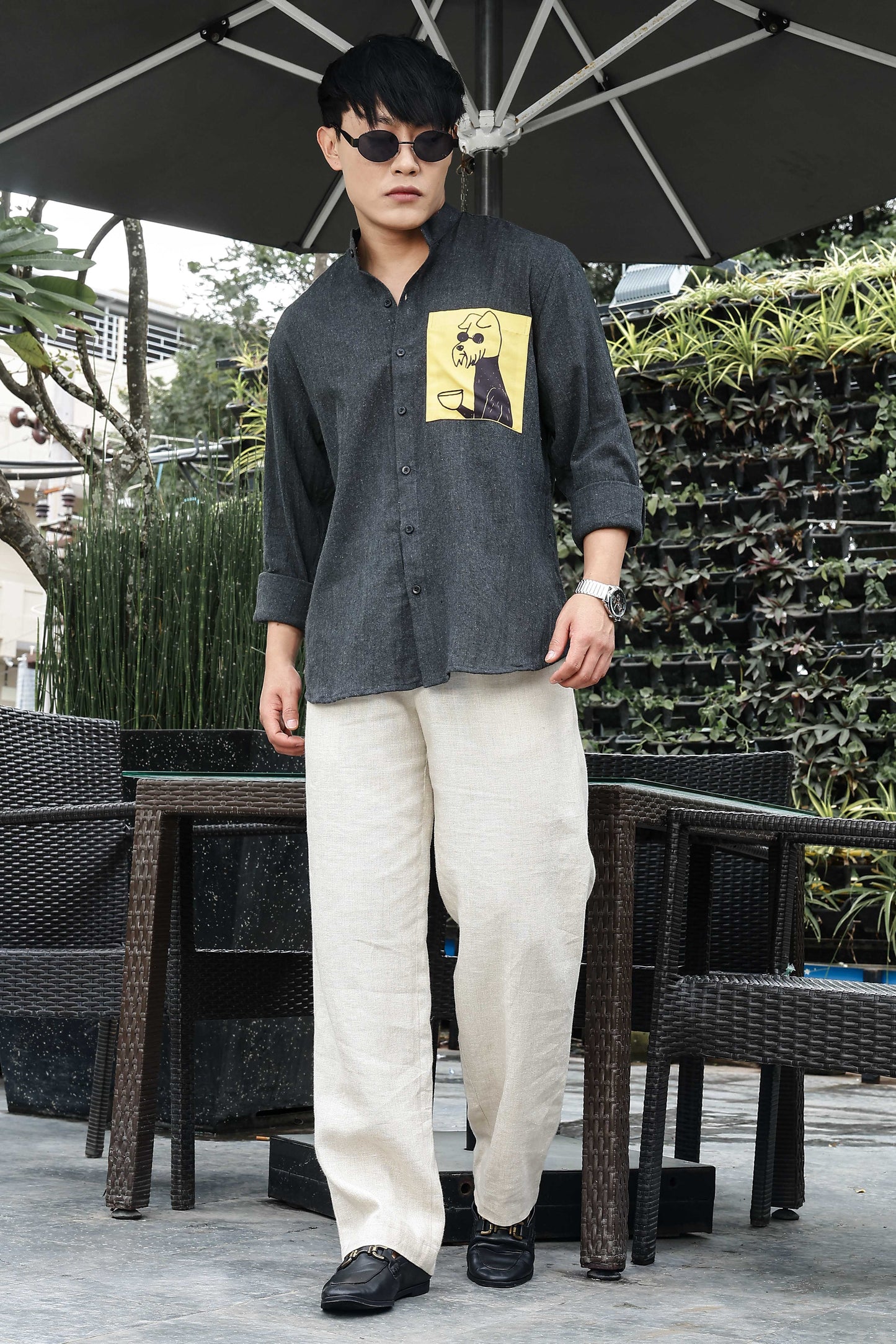 Charcoal Black Mandarin Collar Relaxed Fit Linen Blend Shirt