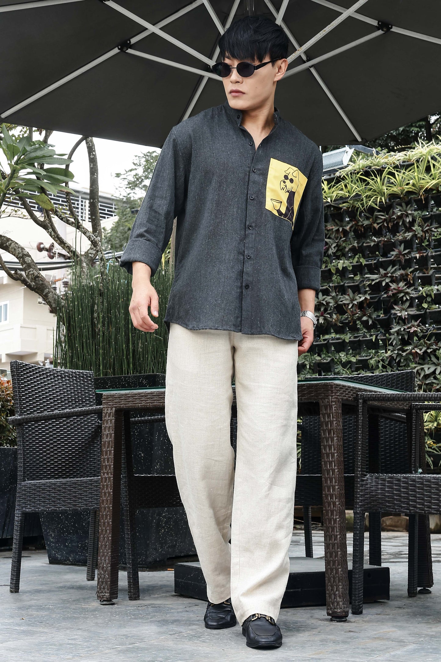Charcoal Black Mandarin Collar Relaxed Fit Linen Blend Shirt