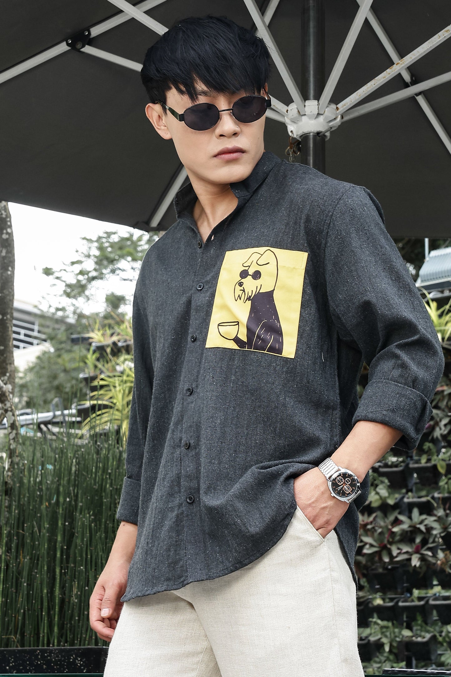 Charcoal Black Mandarin Collar Relaxed Fit Linen Blend Shirt
