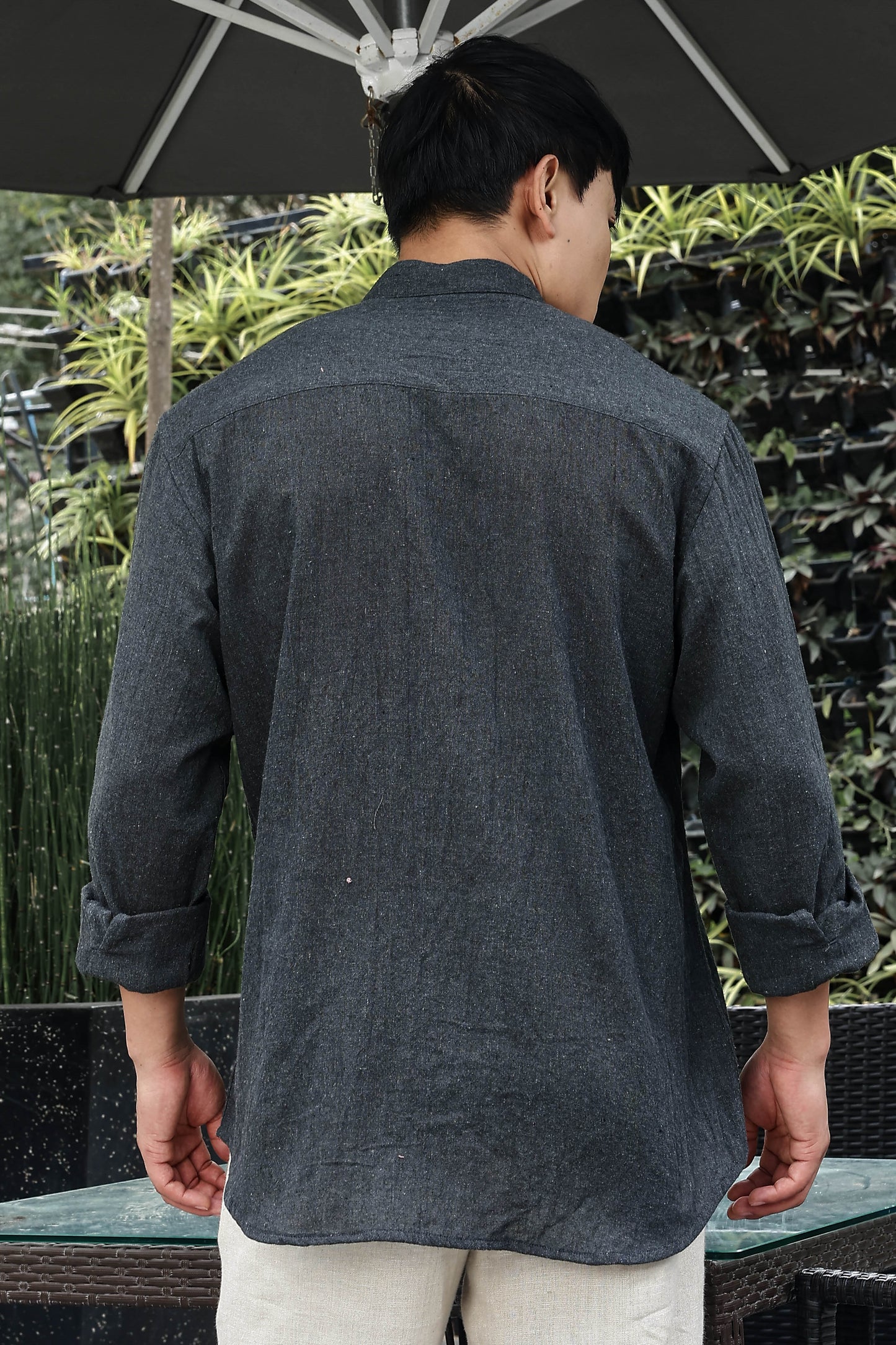 Charcoal Black Mandarin Collar Relaxed Fit Linen Blend Shirt