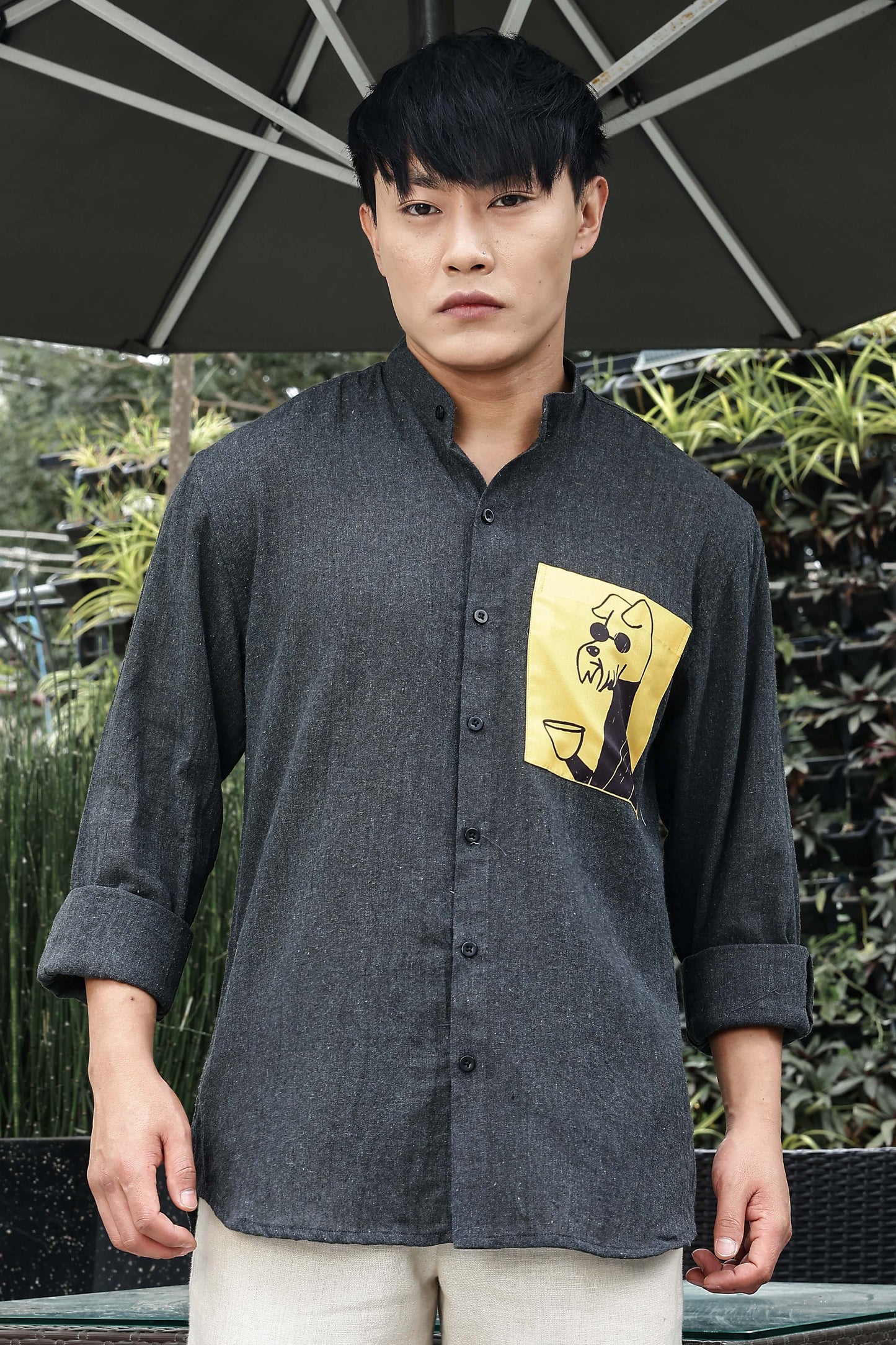 Charcoal Black Mandarin Collar Relaxed Fit Linen Blend Shirt