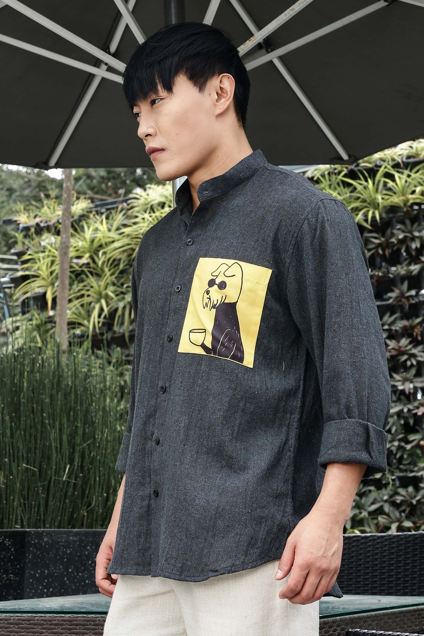 Charcoal Black Mandarin Collar Relaxed Fit Linen Blend Shirt