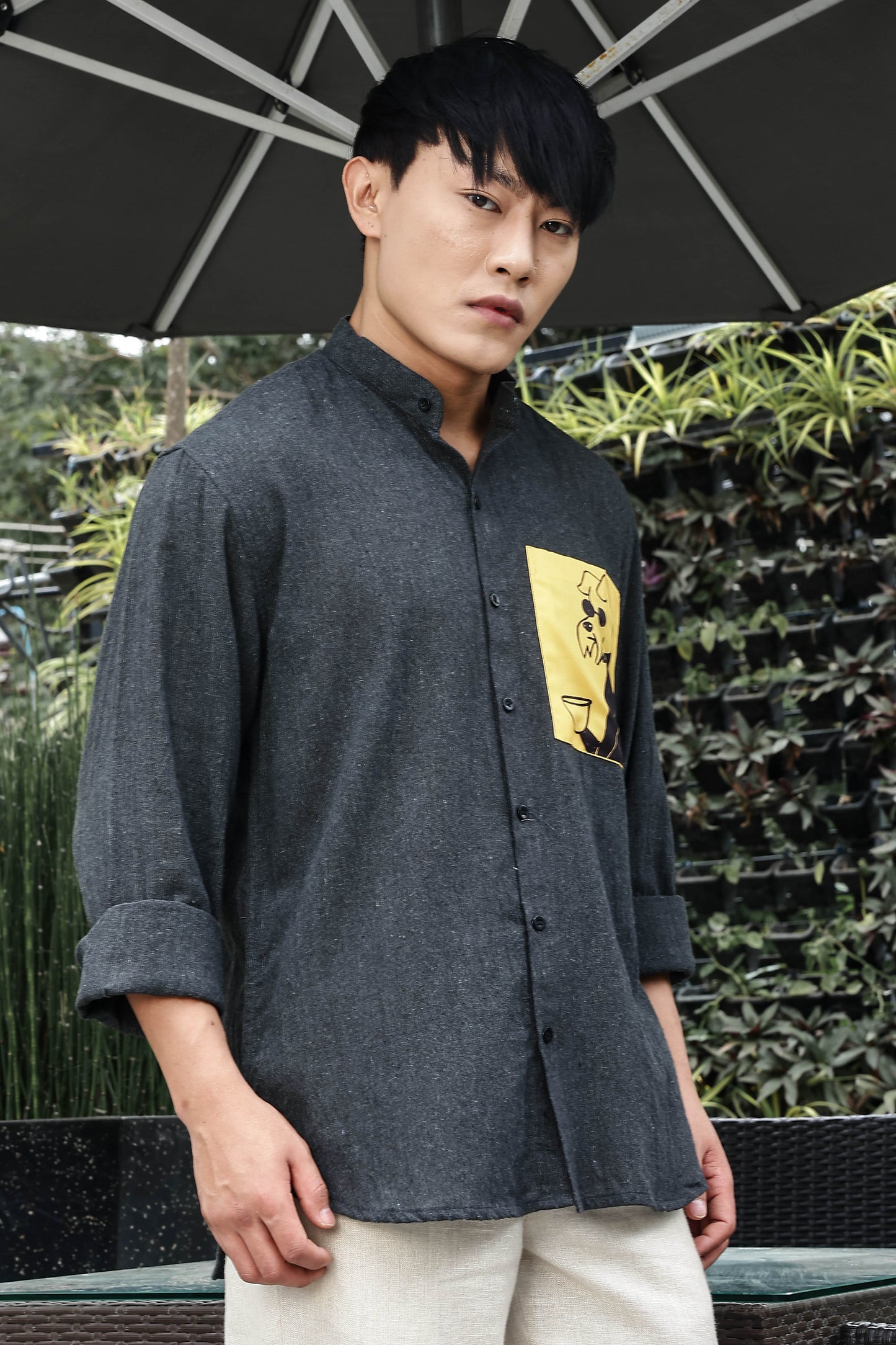 Charcoal Black Mandarin Collar Relaxed Fit Linen Blend Shirt