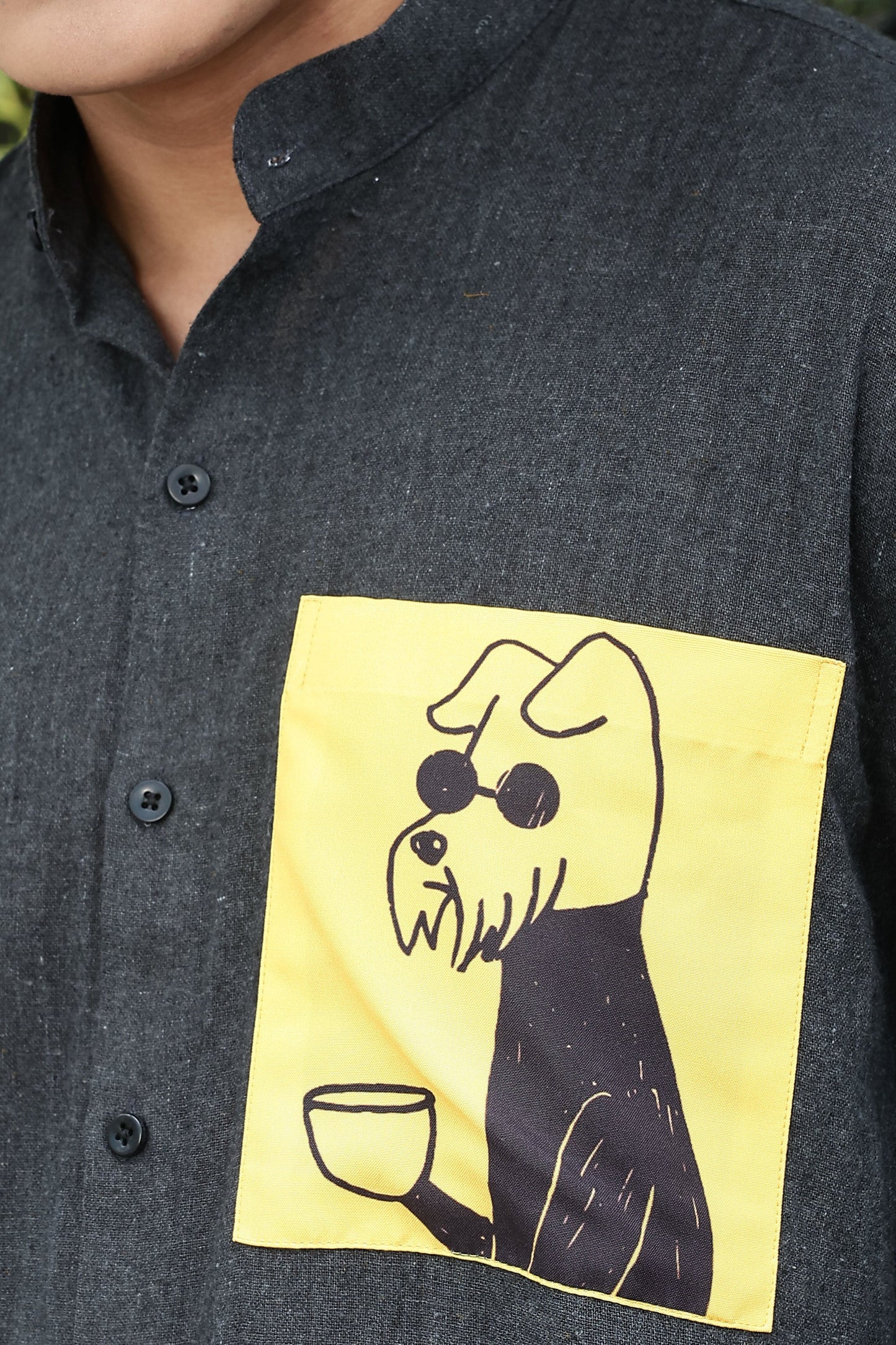 Charcoal Black Mandarin Collar Relaxed Fit Linen Blend Shirt
