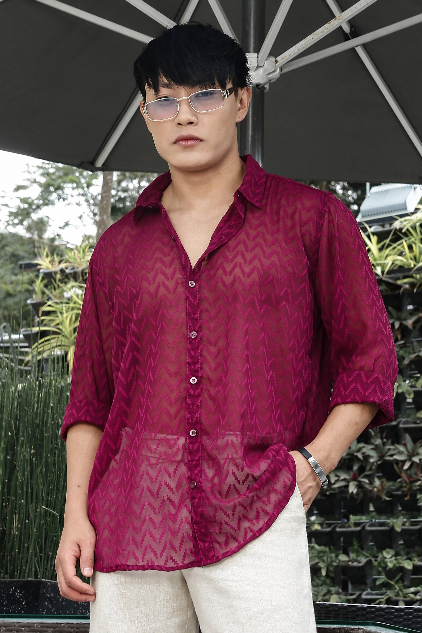 Pink Classic Semi Sheer Georgette Relaxed Fit Shirt 2.0