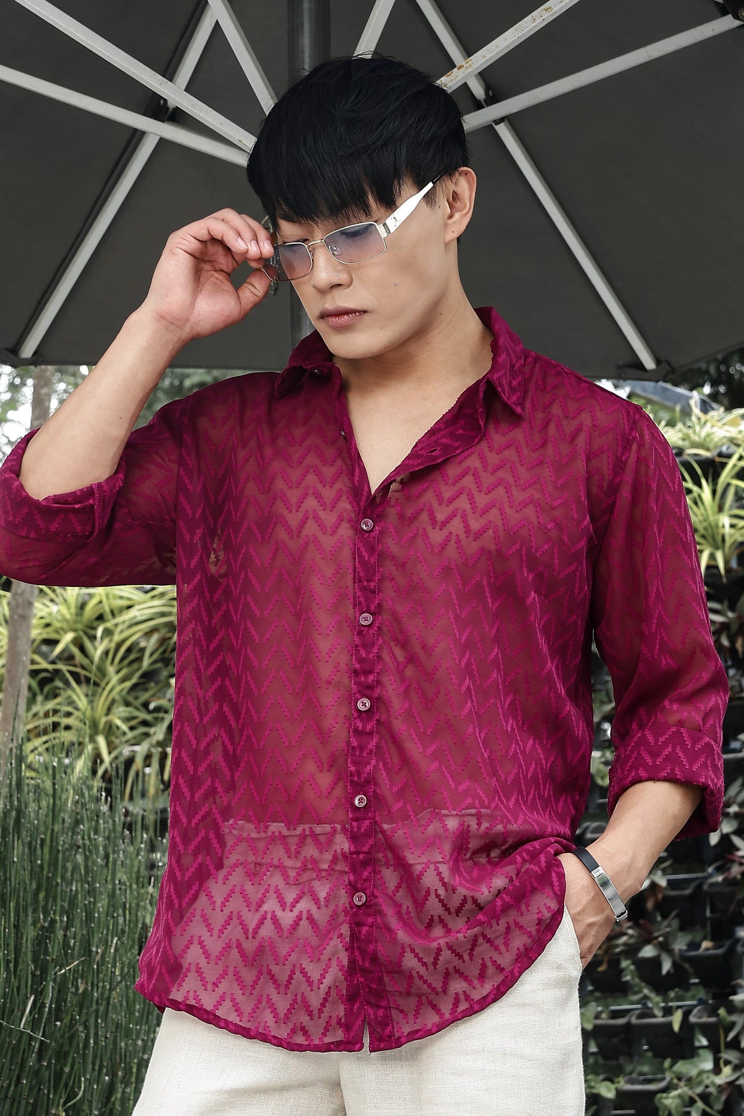 Pink Classic Semi Sheer Georgette Relaxed Fit Shirt 2.0