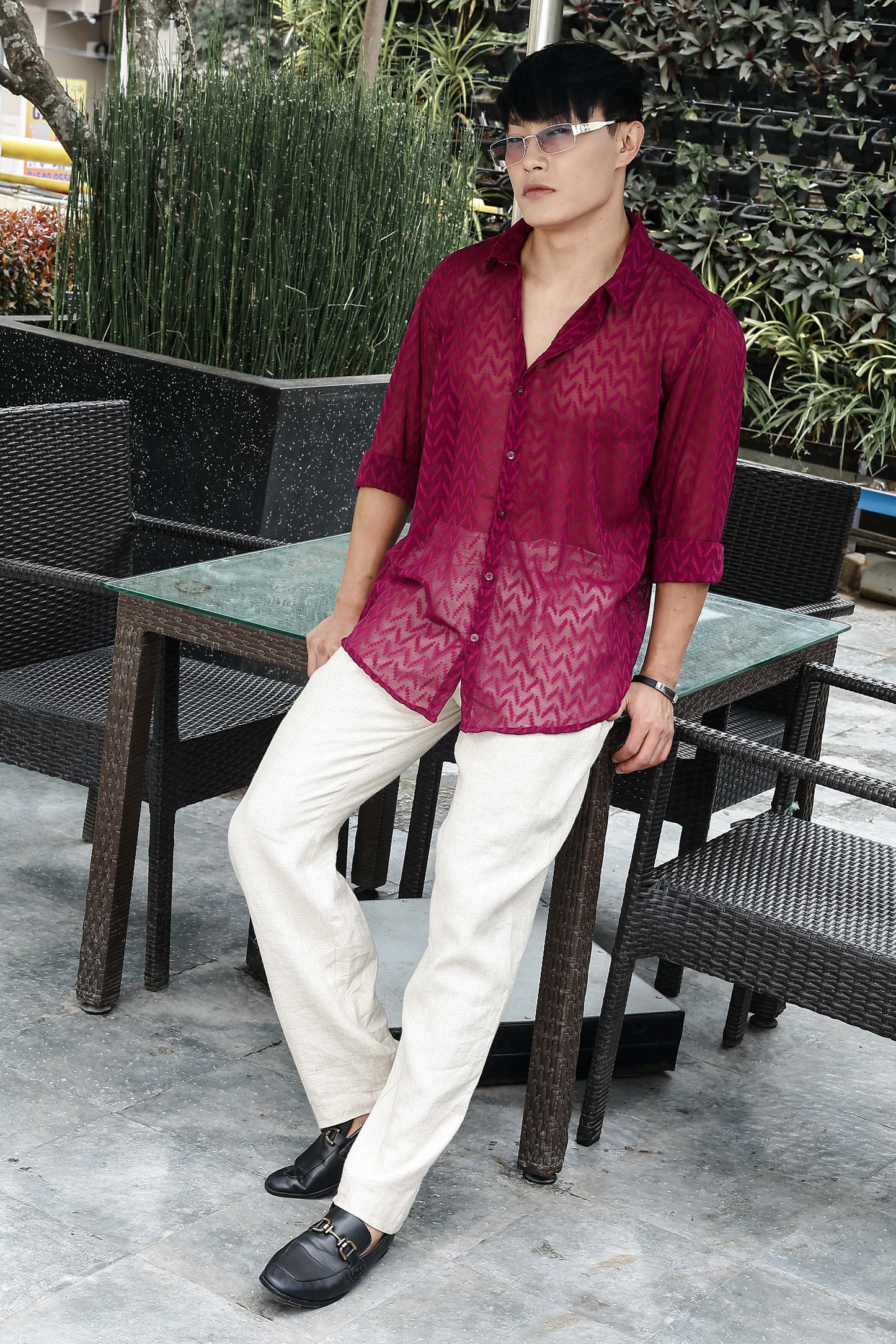 Pink Classic Semi Sheer Georgette Relaxed Fit Shirt 2.0
