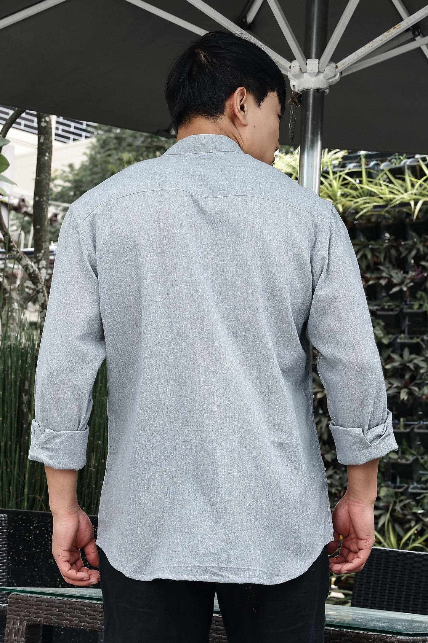 Blue Linen Blend Mandarin Collar Relaxed Fit Shirt