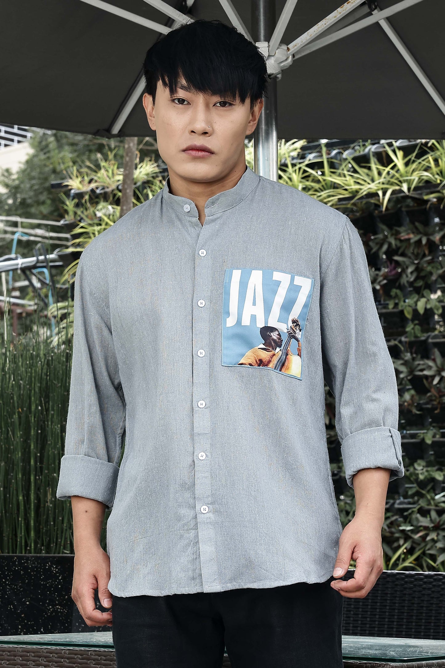 Blue Linen Blend Mandarin Collar Relaxed Fit Shirt