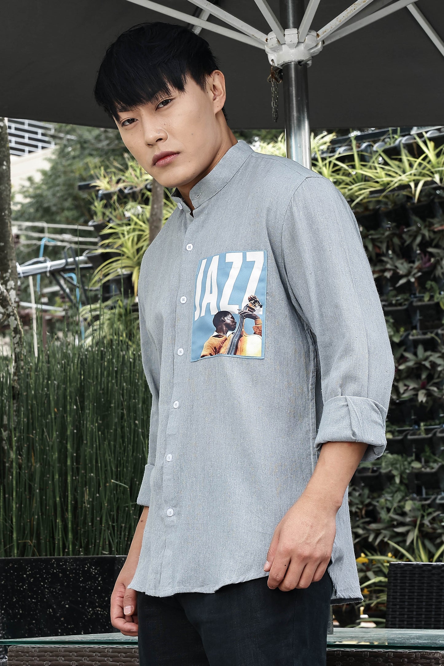 Blue Linen Blend Mandarin Collar Relaxed Fit Shirt