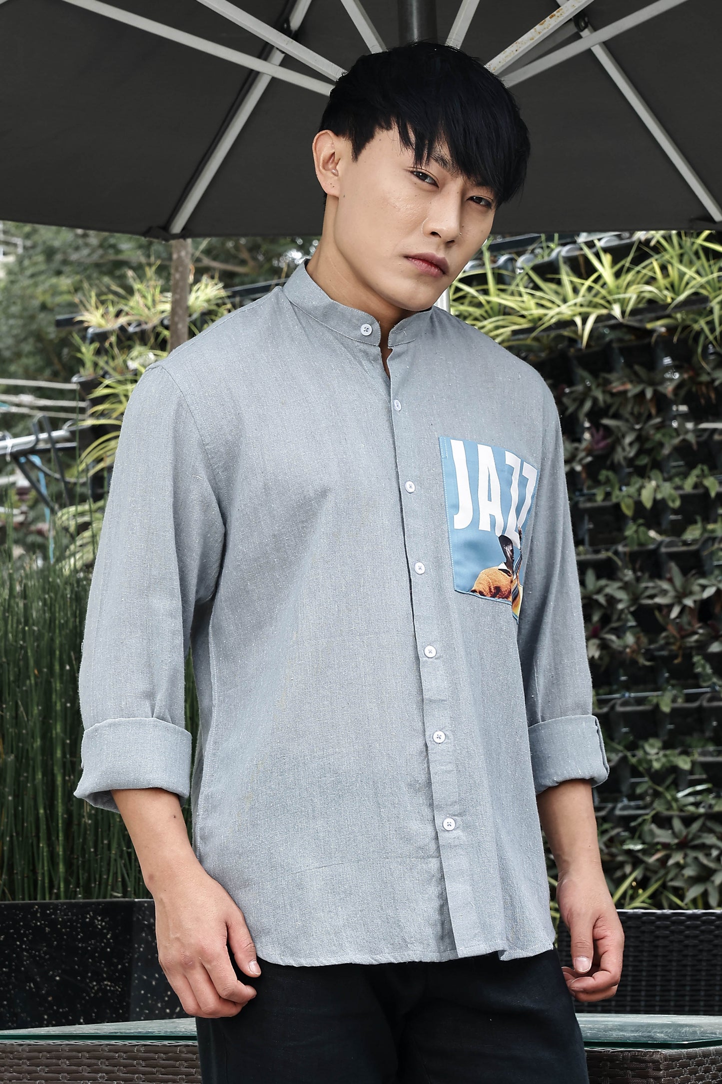 Blue Linen Blend Mandarin Collar Relaxed Fit Shirt