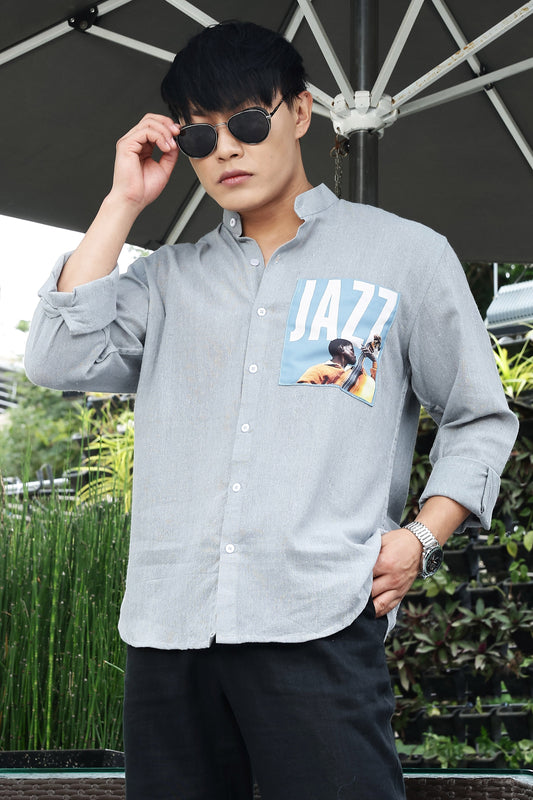 Blue Linen Blend Mandarin Collar Relaxed Fit Shirt