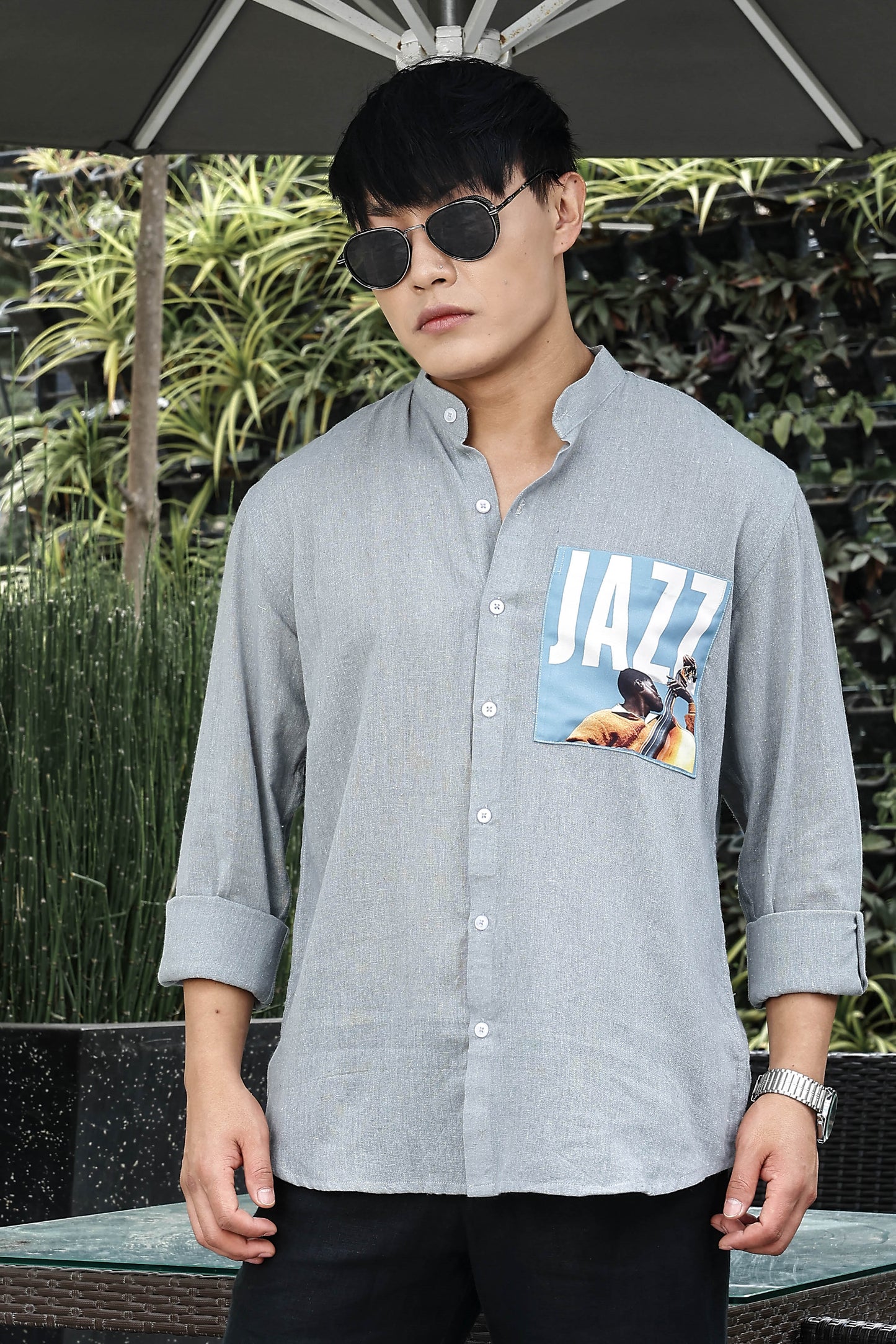 Blue Linen Blend Mandarin Collar Relaxed Fit Shirt