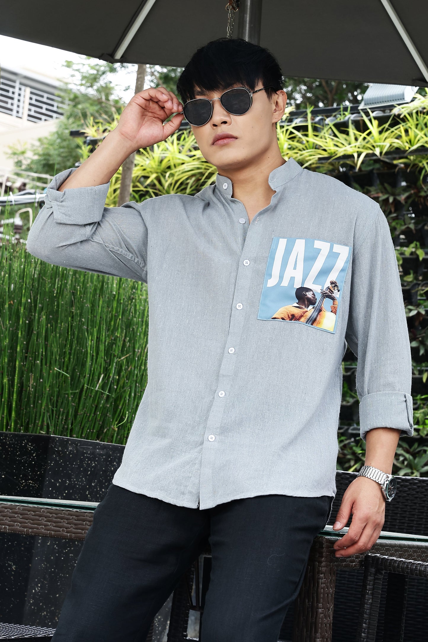 Blue Linen Blend Mandarin Collar Relaxed Fit Shirt