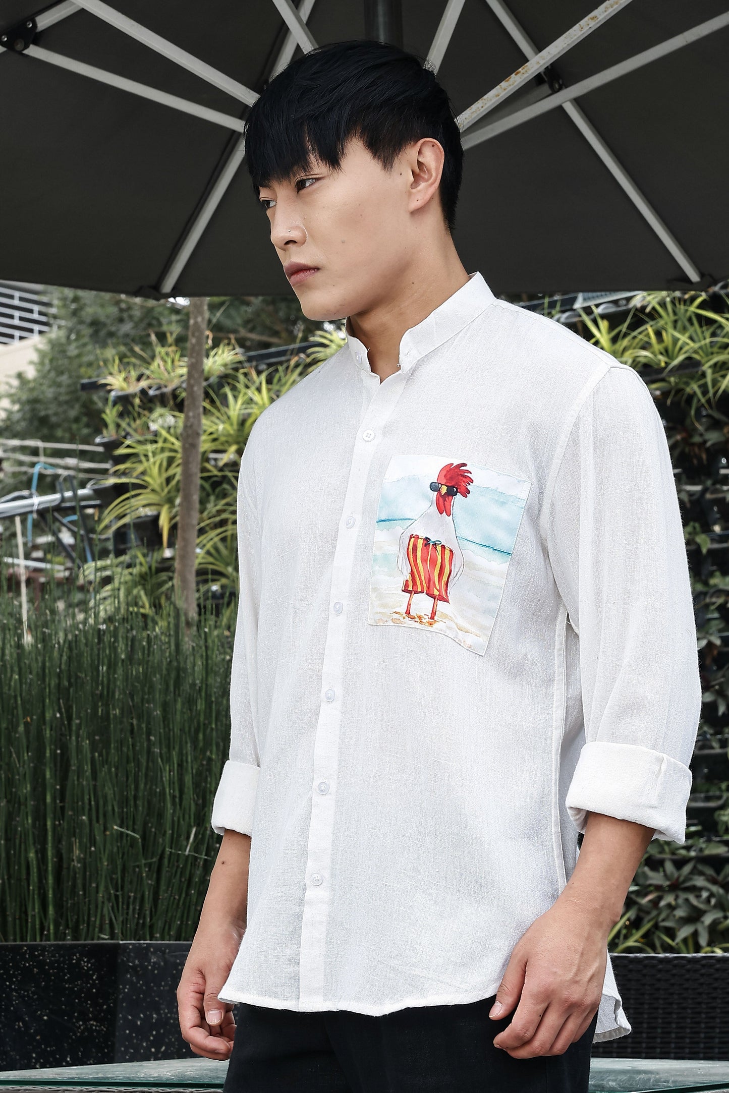 Khadi Blend White Mandarin Collar Relaxed Fit Shirt