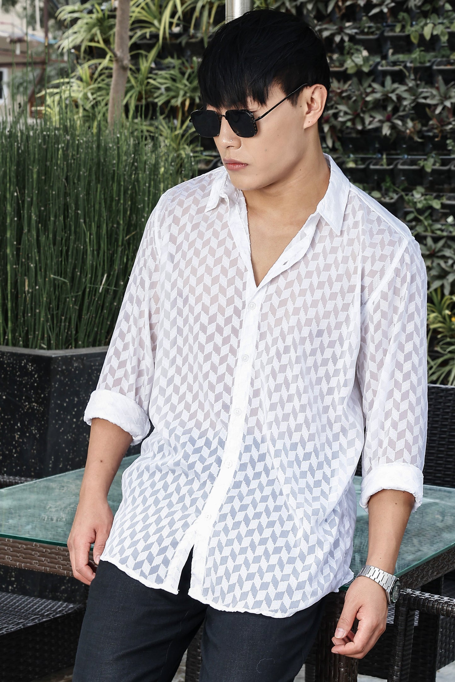 White Classic Semi Sheer Georgette Relaxed Fit Shirt