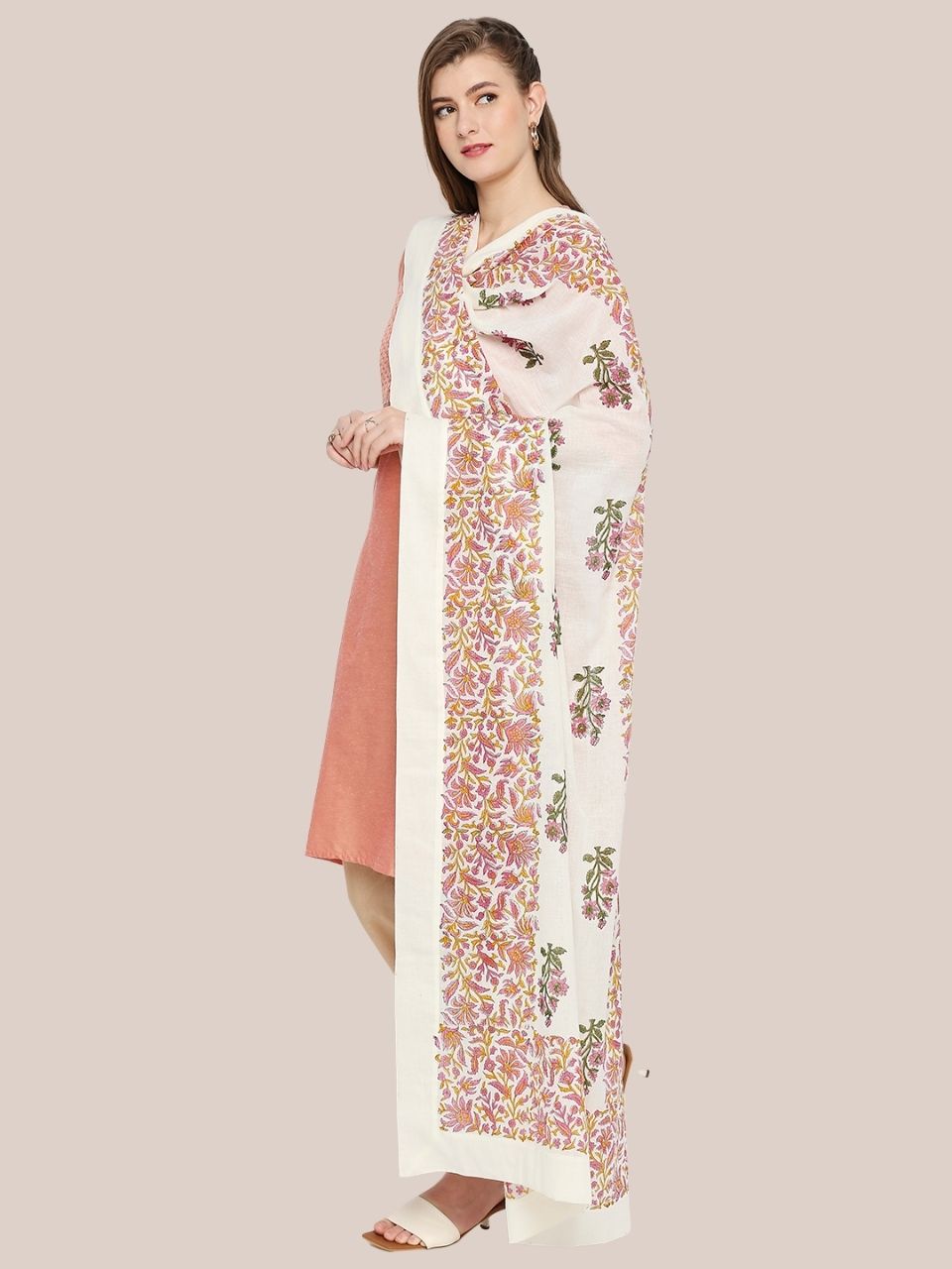 Off White & Pink Block Printed Pure Cotton Dupatta