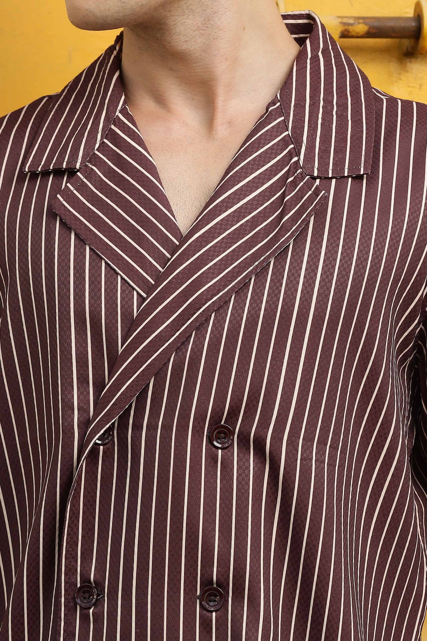 Textured Brown Stripe Korean Notched Lapel Collar Resort Shirt