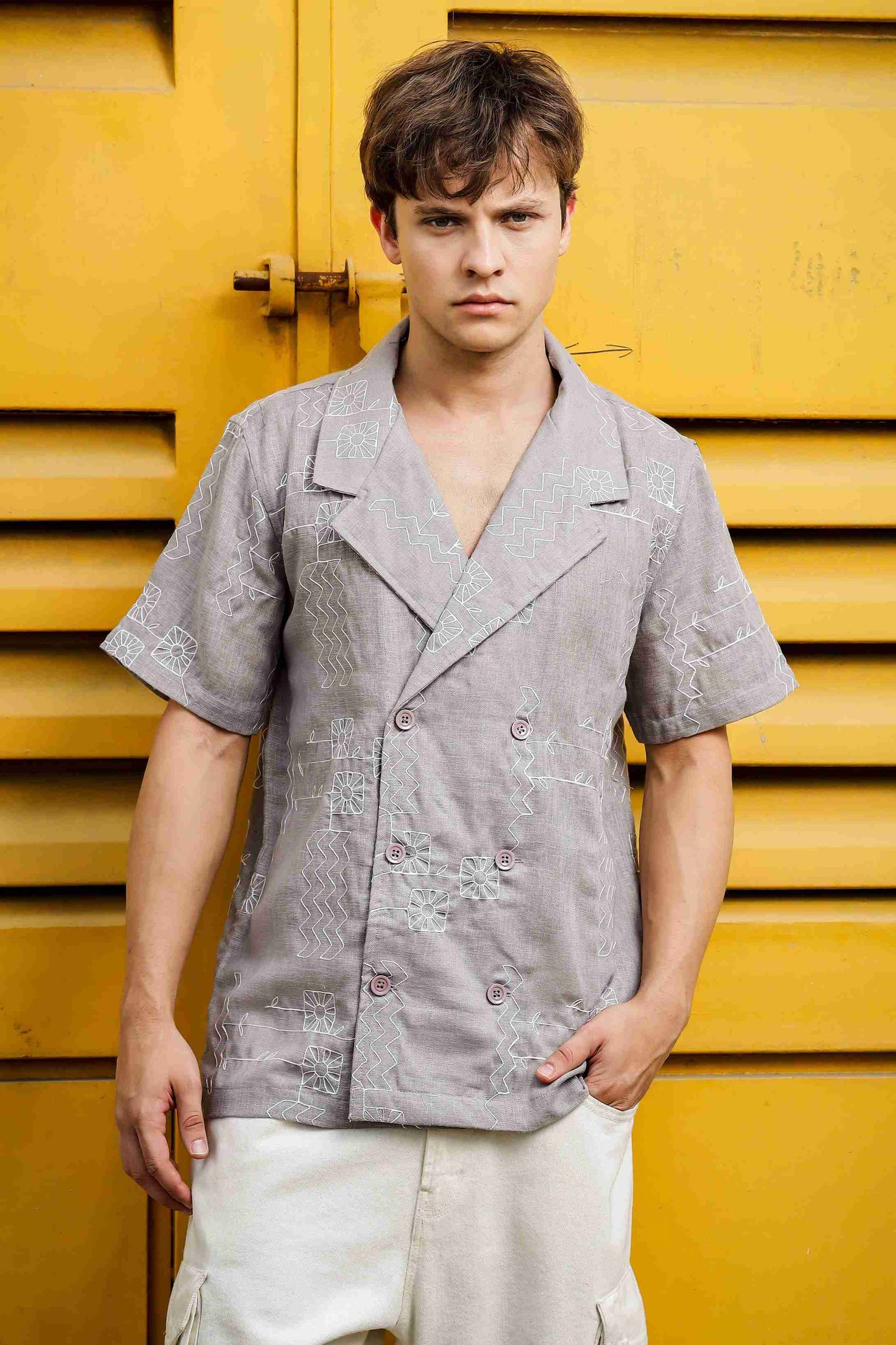 Linen Blend Grey Korean Notched Lapel Collar Resort Shirt