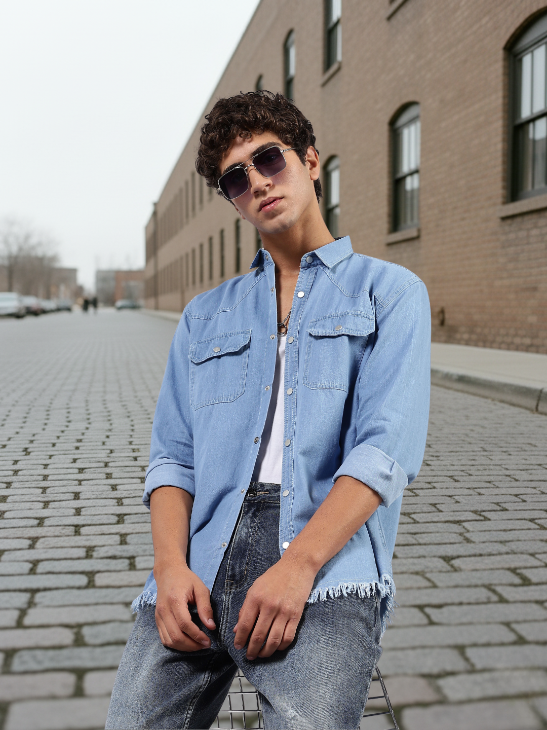 Blue Denim Raw Edge Oversized Relaxed Fit Spread Collar Premium Shirt