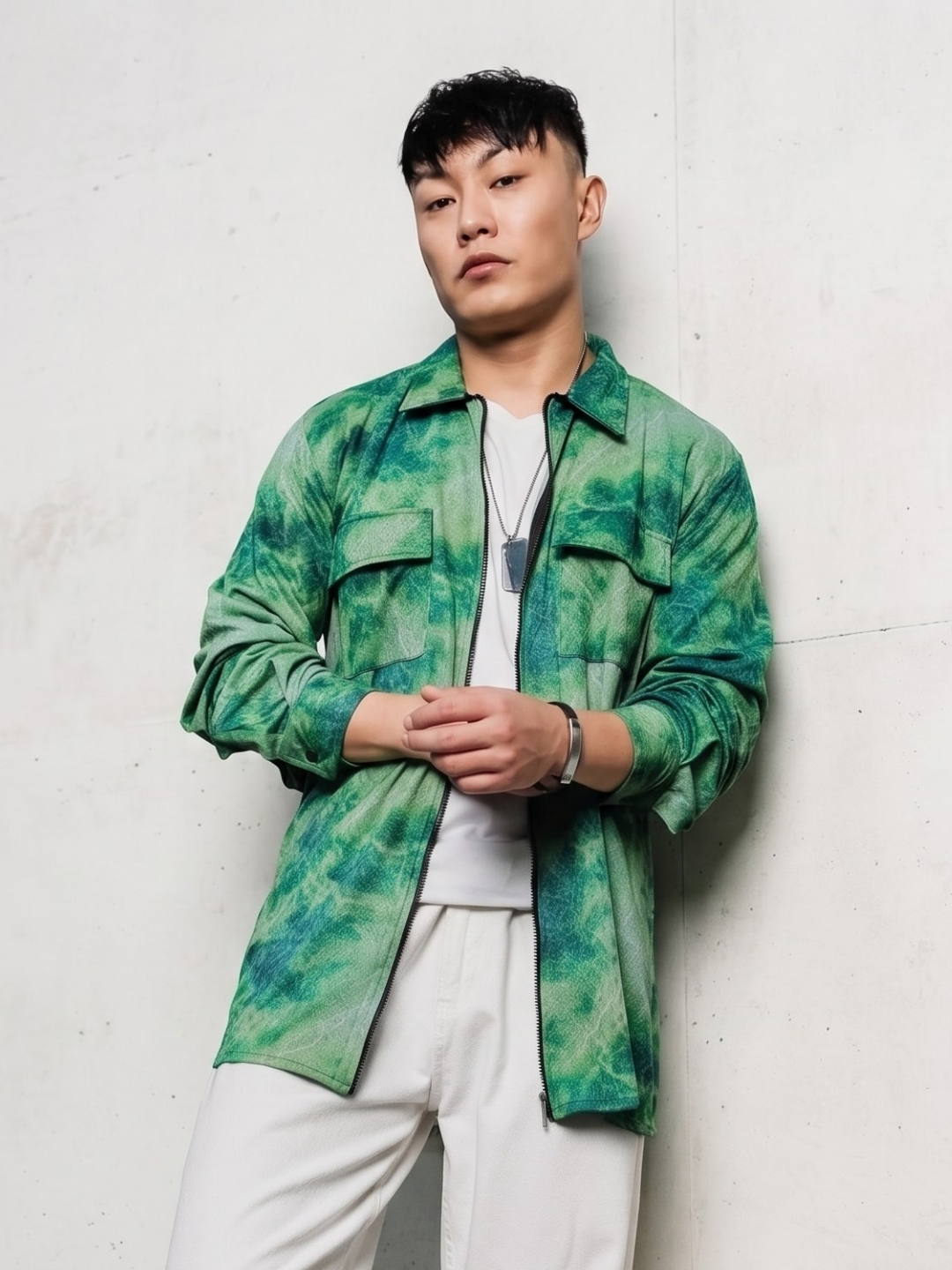 Grey & Green Abstract Printed Drop-Shoulder Relaxed Fit Shirt Zipper Shirt