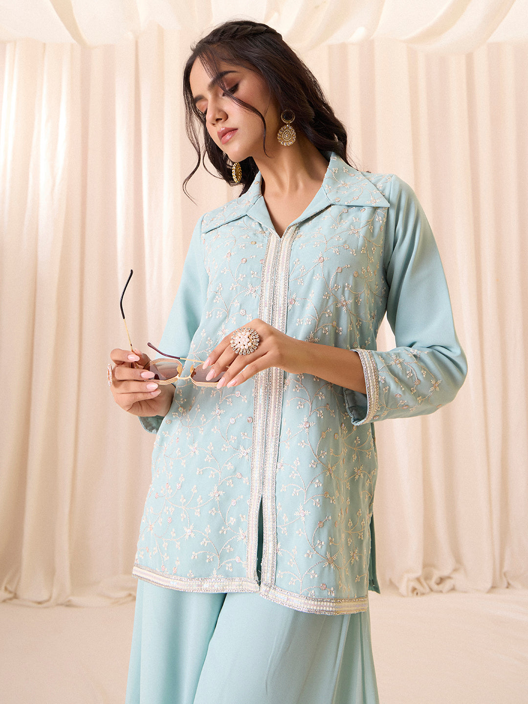 Sky Blue Embroidered Georgette Palazzo Set | Festive Ethnic Suit for Women | M-2563