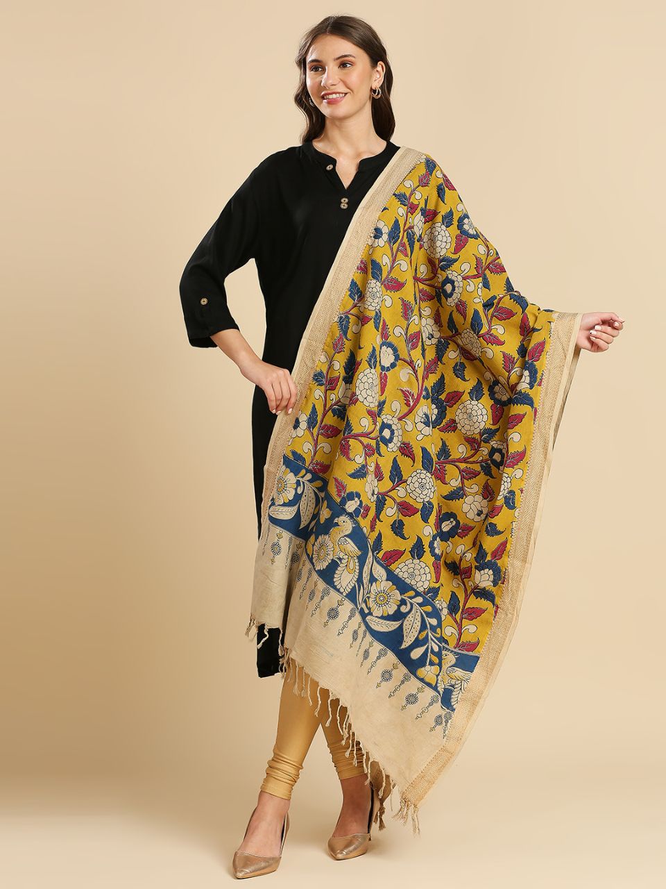 Kalamkari Mangalgiri Beige & Mustard Cotton Dupatta