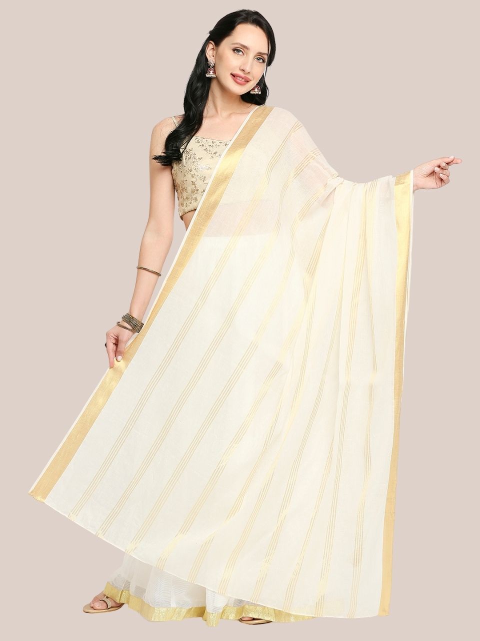 Cream Cotton Dupatta with Zari Stripes