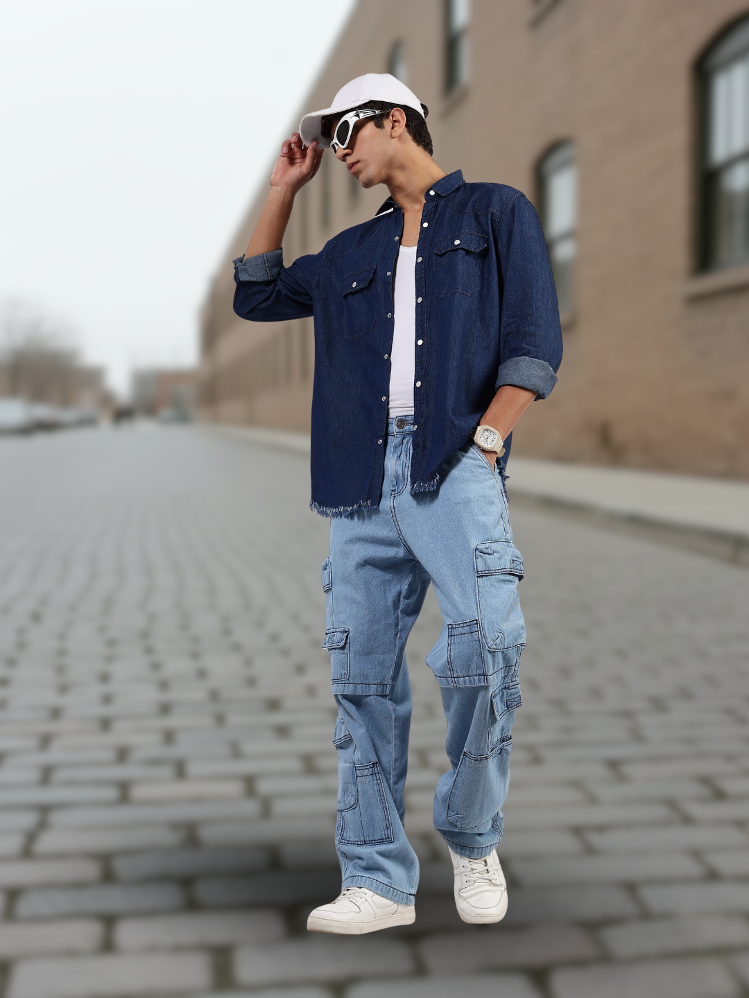 Navy Blue Raw Edge Oversized Relaxed Fit Spread Collar Premium Denim Full Sleeve Shirt