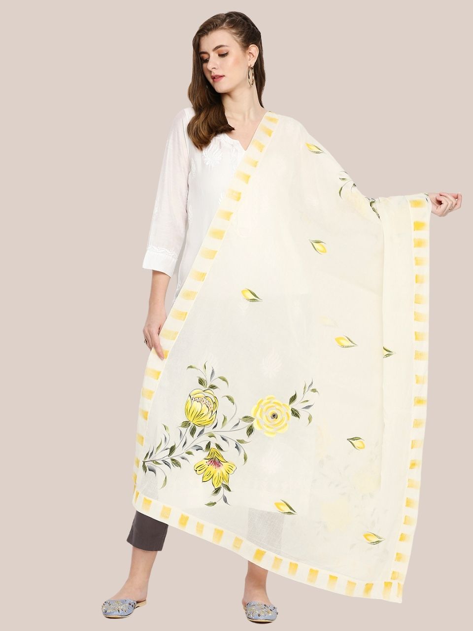 Cream & Yellow Hand Painted Pure Cotton Dupatta