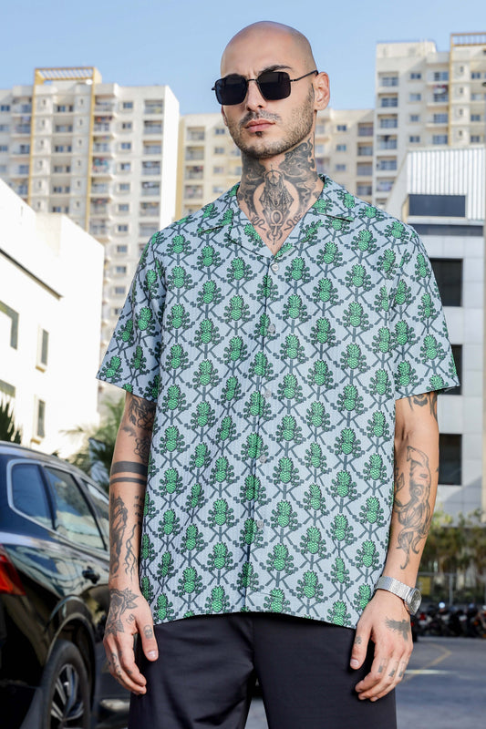 Green Tropical Print Textured Fabric Relaxed Fit Resort Shirt