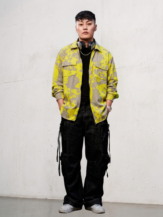 Neon Grey Splatter Abstract Print Textured Drop-Shoulder Relaxed Fit Shirt Zipper Shirt
