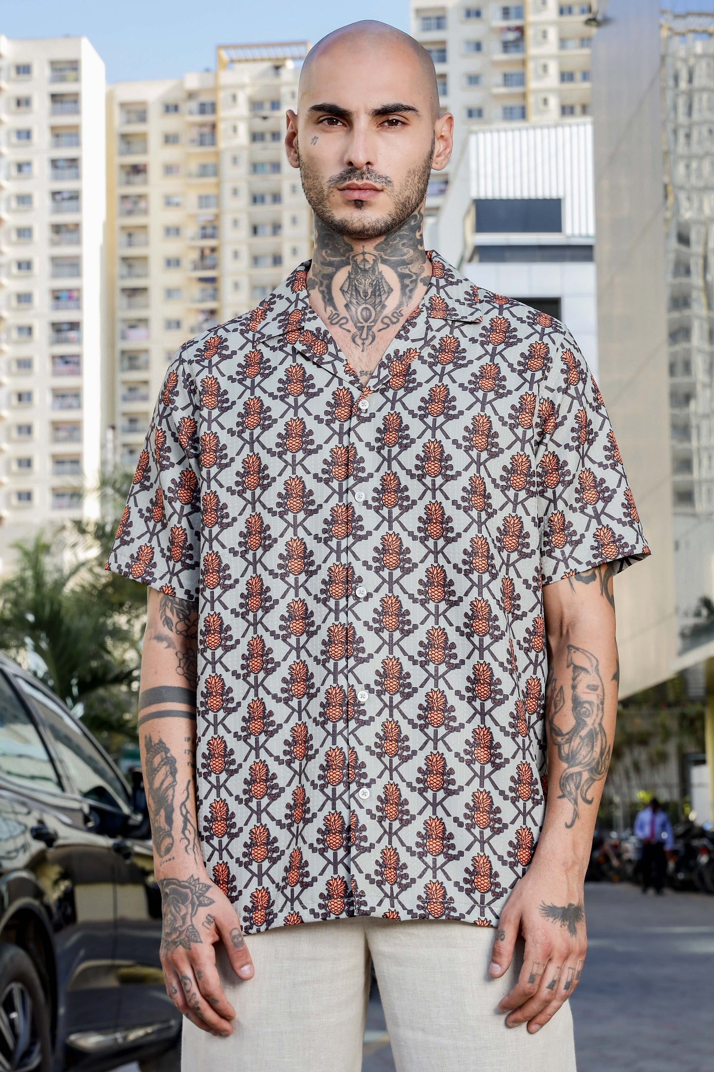 Beige Textured Printed Relaxed Fit Cuban Collar Resort Shirt