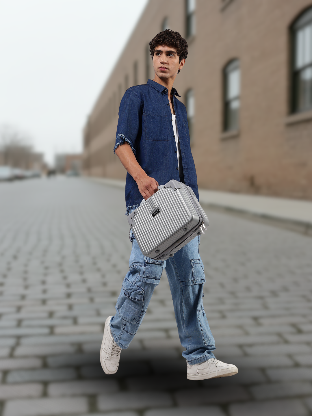 Navy Denim Raw Edge Oversized Box-Fit Spread Collar Half Sleeve Shirt