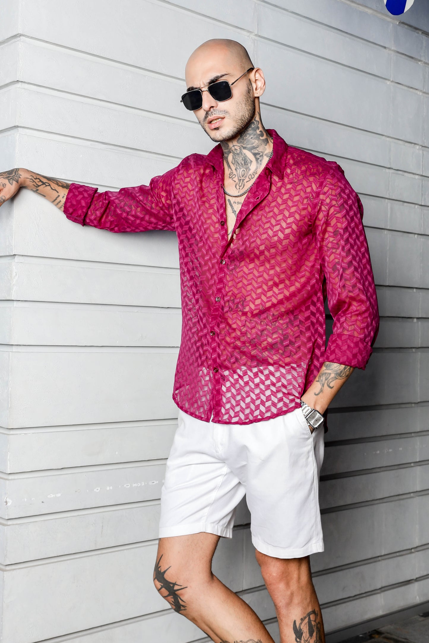 Pink Classic Semi Sheer Georgette Relaxed Fit Shirt