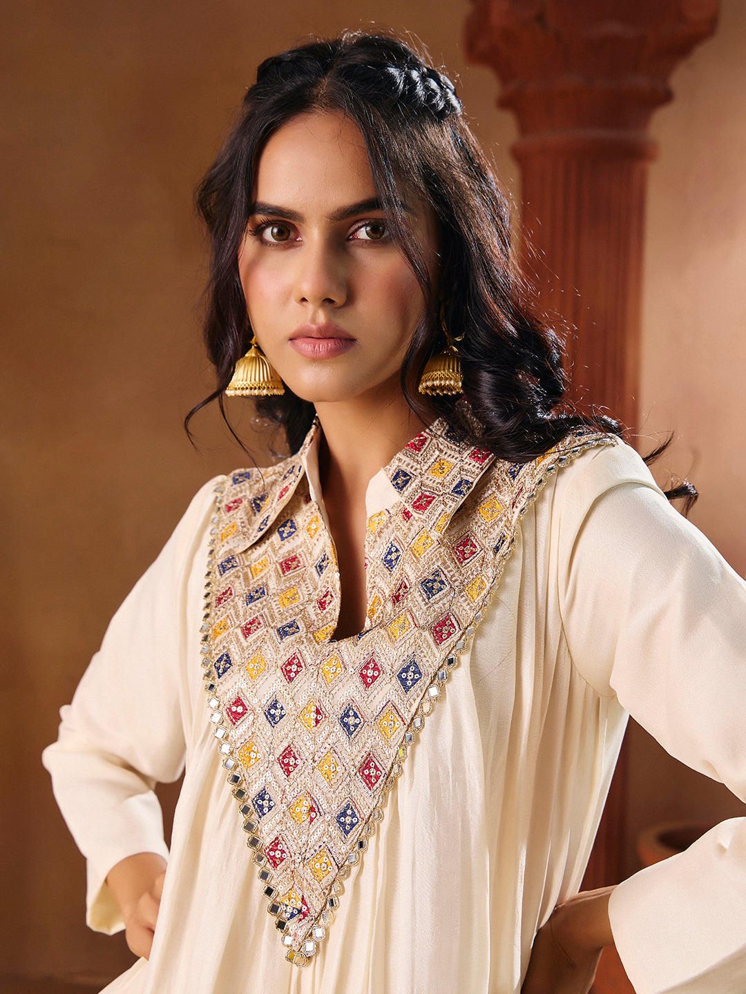 Women's Off White Vichitra Silk Embroidered Palazzo Set | Traditional Ethnic Wear Outfit | M-2569