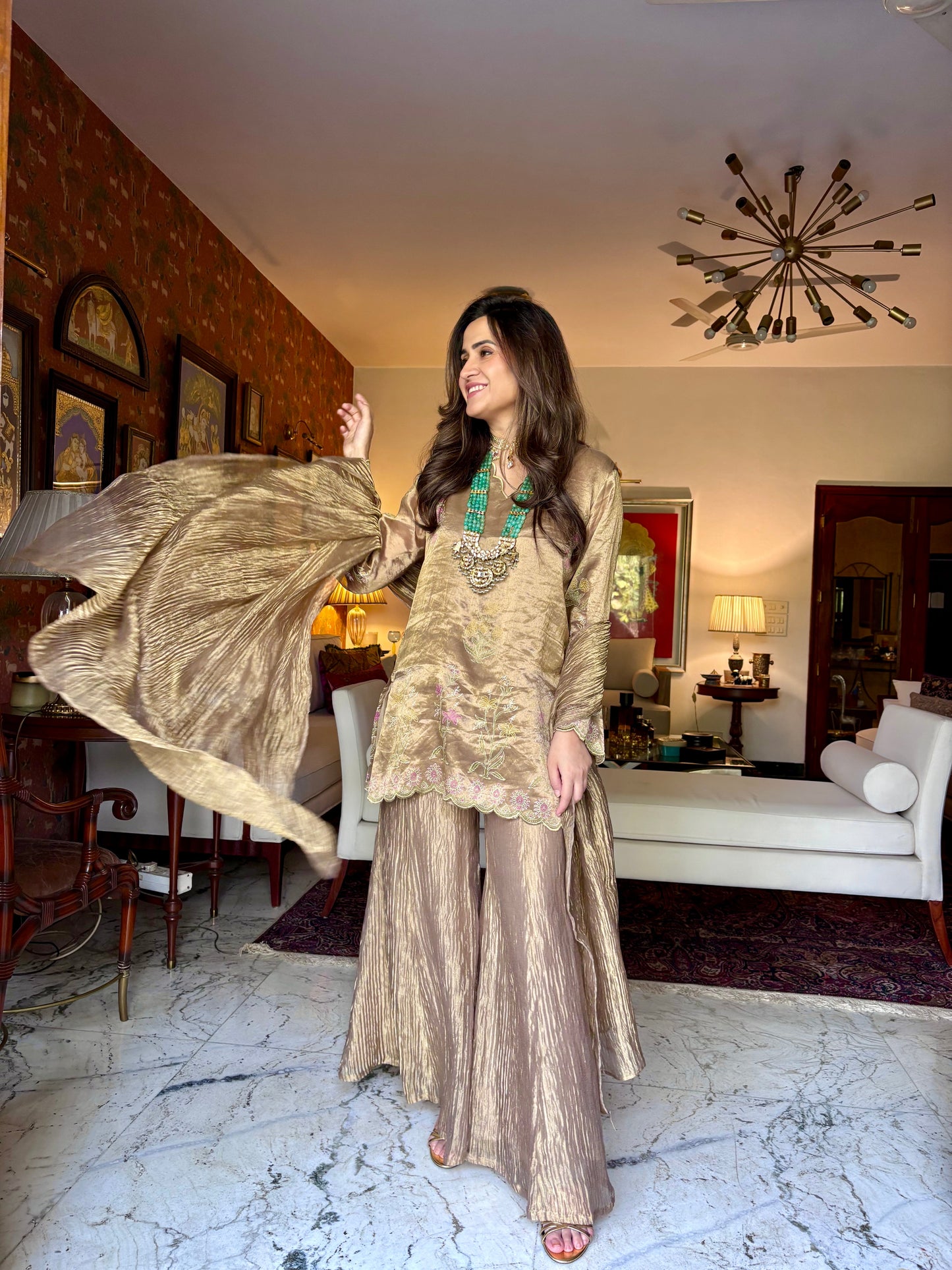 Gold Tissue Block Print Sharara Set