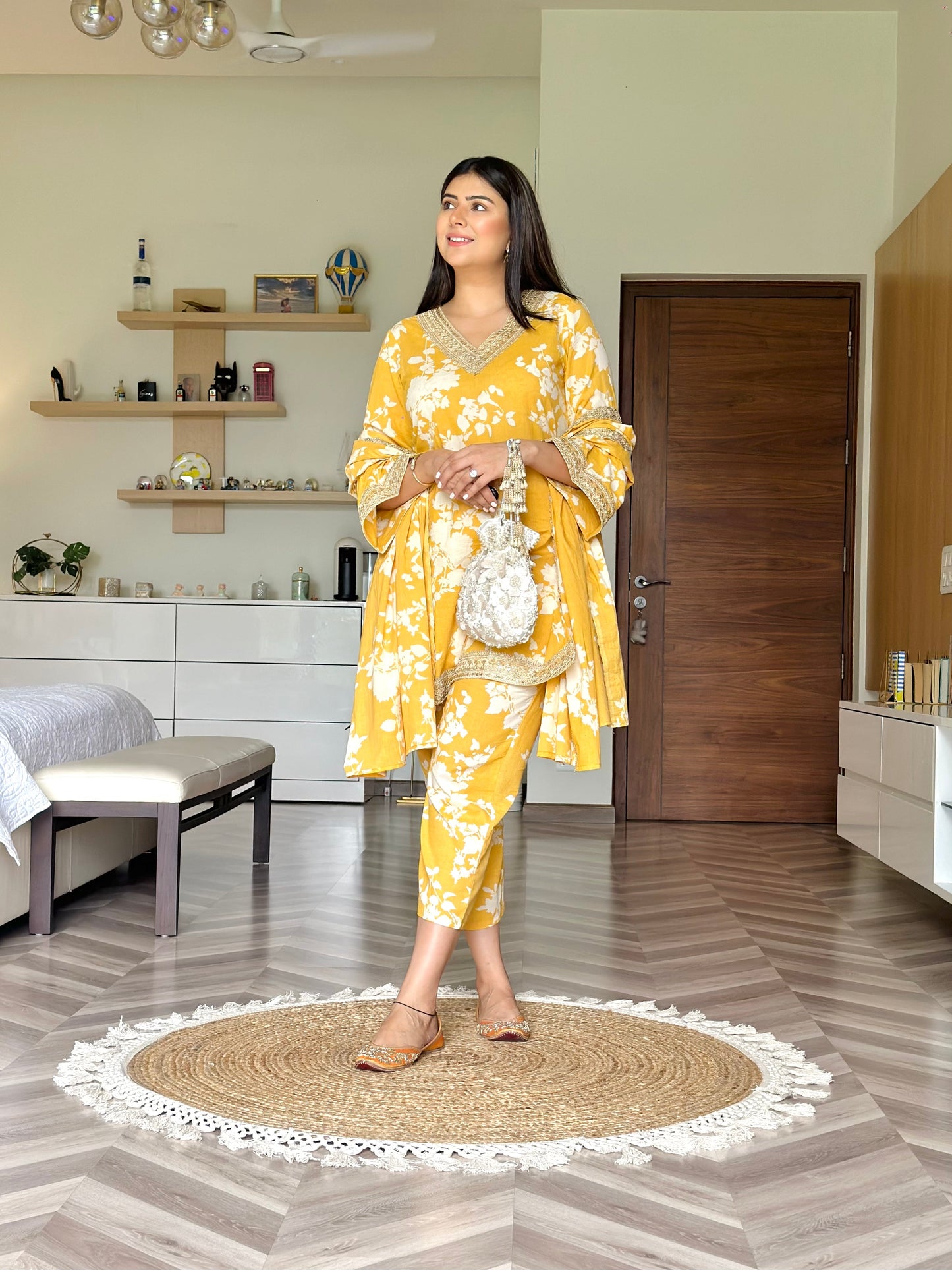 Mustard Floral Printed Dupatta Suit Set