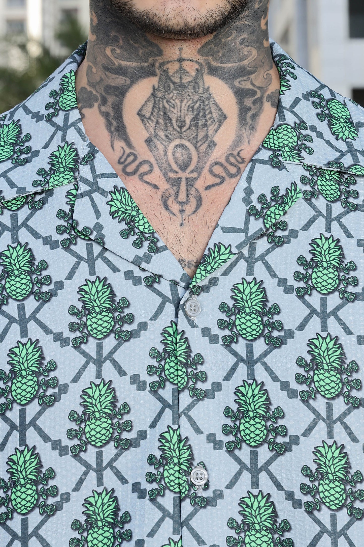 Green Tropical Print Textured Fabric Relaxed Fit Resort Shirt